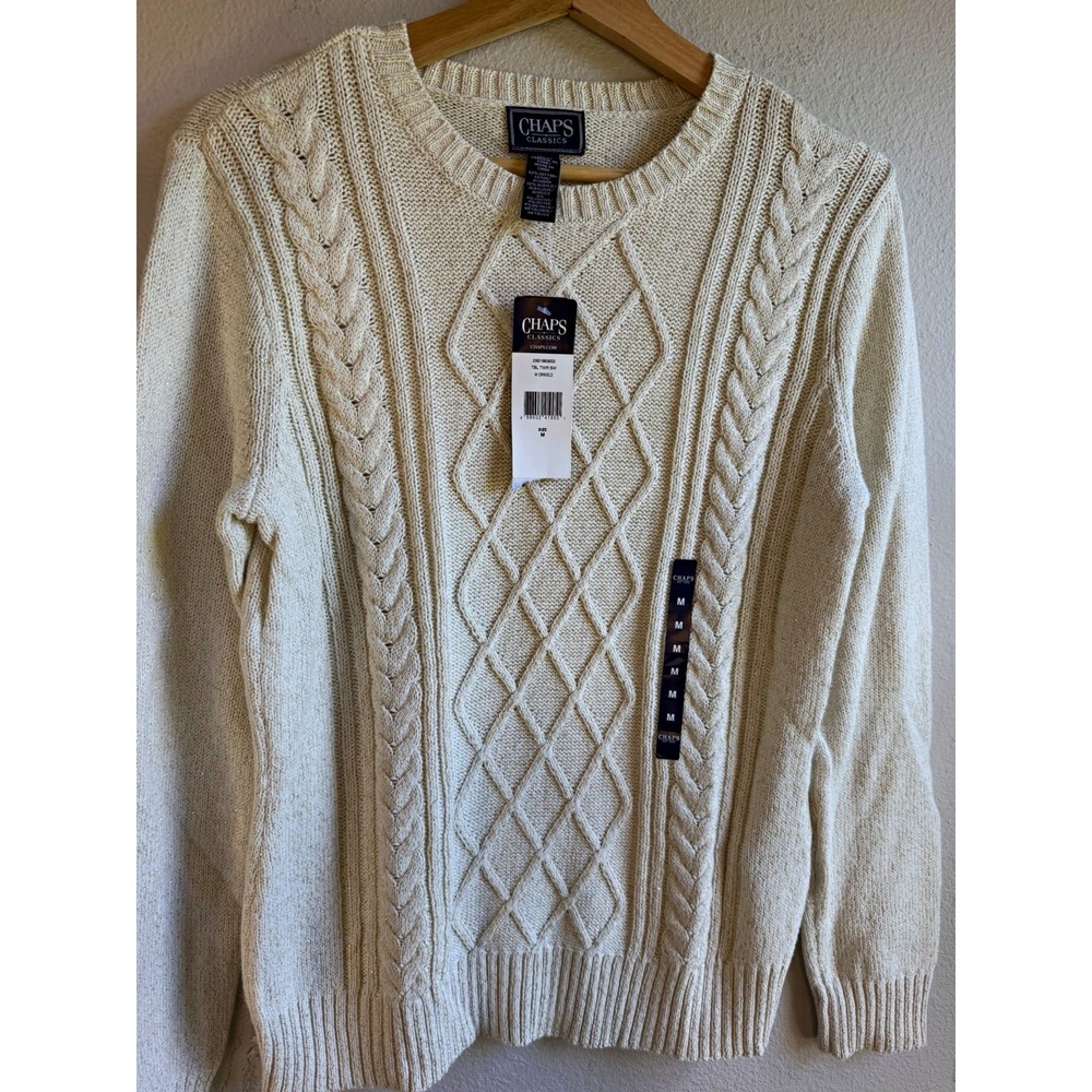 NWT Chaps Women's MedCream/Gold Cable-Knit Crew Neck Pullover Sweater Metallic